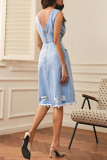 Casual Street Solid Color Ripped Pocket V Neck Sleeveless Denim Dresses