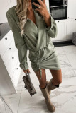 Casual Street Solid Color Draw String Turndown Collar Wrapped Skirt Dresses