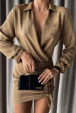Casual Street Solid Color Draw String Turndown Collar Wrapped Skirt Dresses