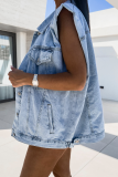 Casual Solid Color Distressed Buttons Turndown Collar Sleeveless Loose Denim Jacket