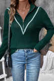 Casual Daily Solid Color Zipper Weave Contrast Turndown Collar Tops