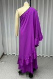 Sexy Solid Color Ruffle Irregular Sloping Shoulder Irregular Dresses