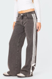 Street Solid Color Distressed Lace Up Patchwork Mid Waist Loose Denim Jeans