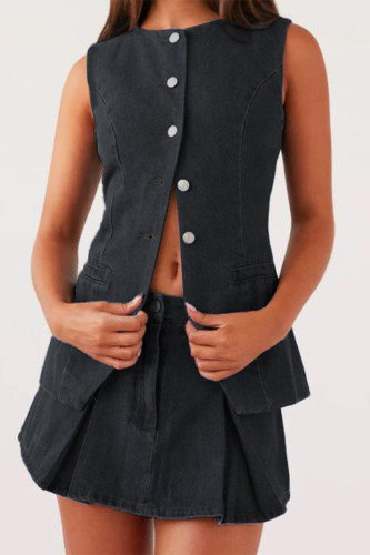 Casual Street Solid Color Buttons Adjustable O Neck Sleeveless Two Pieces