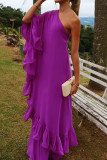 Sexy Solid Color Ruffle Irregular Sloping Shoulder Irregular Dresses