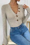 Street Daily Solid Color Buttons Potholes V Neck Skinny Bodysuits