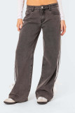 Street Solid Color Distressed Lace Up Patchwork Mid Waist Loose Denim Jeans