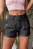 Casual Daily Solid Color Pocket Buttons Ruched High Waist Denim Shorts