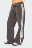 Street Solid Color Distressed Lace Up Patchwork Mid Waist Loose Denim Jeans