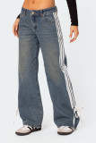 Street Solid Color Distressed Lace Up Patchwork Mid Waist Loose Denim Jeans
