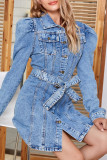 Casual Street Solid Color Distressed Lace Up Buckle Turndown Collar Long Sleeve Straight Denim Dresses