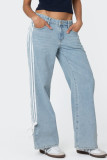 Street Solid Color Distressed Lace Up Patchwork Mid Waist Loose Denim Jeans