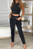 Casual Street Solid Color Pocket With Belt O Neck Sleeveless Two Pieces