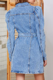 Casual Street Solid Color Distressed Lace Up Buckle Turndown Collar Long Sleeve Straight Denim Dresses