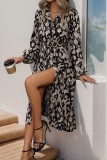 Street Elegant Floral Print Lace Up Slit Contrast Turndown Collar Long Sleeve Dresses