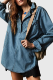 Casual Street Solid Color Distressed Pocket Turndown Collar Long Sleeve Loose Denim Jacket