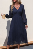 Daily Elegant Solid Color Lace Pleated V Neck Pleated Dresses