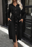 Casual Street Solid Color Lace Up Buttons Turndown Collar Shirt Dresses