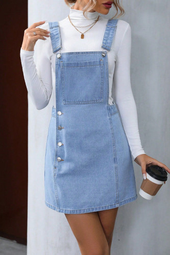 Casual Daily Solid Color Pocket Buttons Backless Square Neck Sleeveless Loose Denim Dresses
