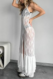 Sexy Solid Color Lace See-Through Slit V Neck Lace Dress Dresses