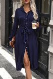 Casual Street Solid Color Lace Up Buttons Turndown Collar Shirt Dresses