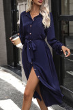 Casual Street Solid Color Lace Up Buttons Turndown Collar Shirt Dresses