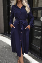 Casual Street Solid Color Lace Up Buttons Turndown Collar Shirt Dresses