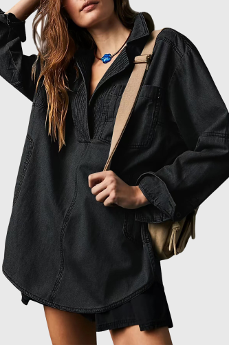 Casual Street Solid Color Distressed Pocket Turndown Collar Long Sleeve Loose Denim Jacket