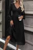 Daily Elegant Solid Color Lace Pleated V Neck Pleated Dresses