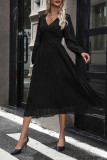 Daily Elegant Solid Color Lace Pleated V Neck Pleated Dresses