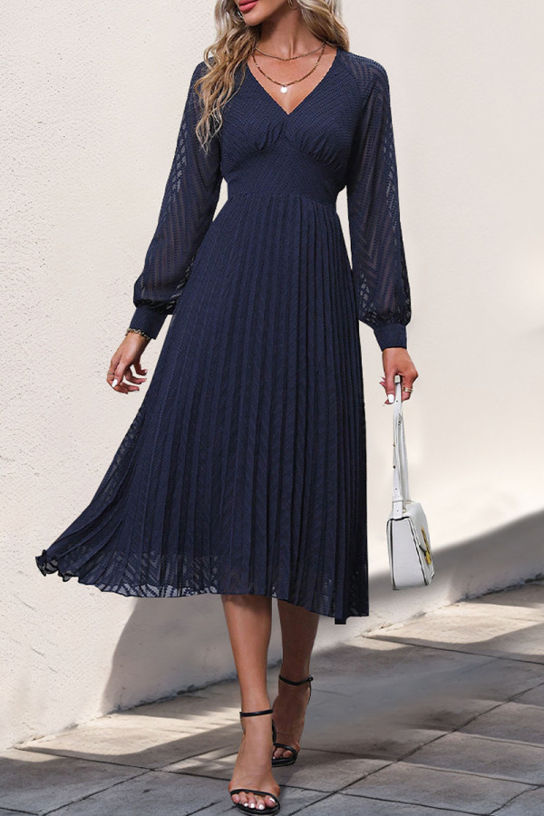 Daily Elegant Solid Color Lace Pleated V Neck Pleated Dresses