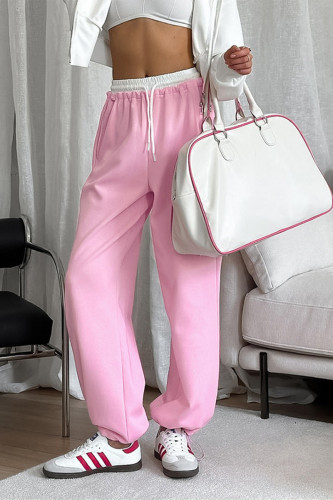 Street Sportswear Solid Color Draw String Pocket Patchwork Contrast Loose High Waist Patchwork Bottoms