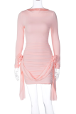 Casual Vacation Solid Color Patchwork Ruched Flower Shape O Neck Wrapped Skirt Dresses