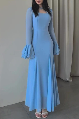 Party Elegant Solid Color Ruffle Cross Straps Ruched Mesh Square Neck Long Dresses