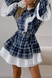 Casual Daily Plaid Lace Patchwork Ruffle With Belt Contrast Turndown Collar Shirt Dresses