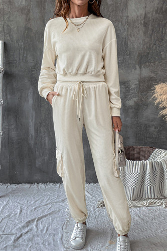 Casual Street Solid Color Pocket Lace Up Texture O Neck Long Sleeve Two Pieces