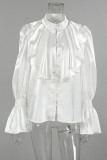 Elegant Solid Color Ruffle Pearls Decor Mandarin Collar Tops