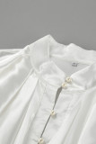 Elegant Solid Color Ruffle Pearls Decor Mandarin Collar Tops