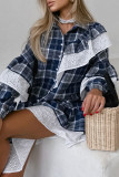 Casual Daily Plaid Lace Patchwork Ruffle With Belt Contrast Turndown Collar Shirt Dresses