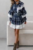 Casual Daily Plaid Lace Patchwork Ruffle With Belt Contrast Turndown Collar Shirt Dresses