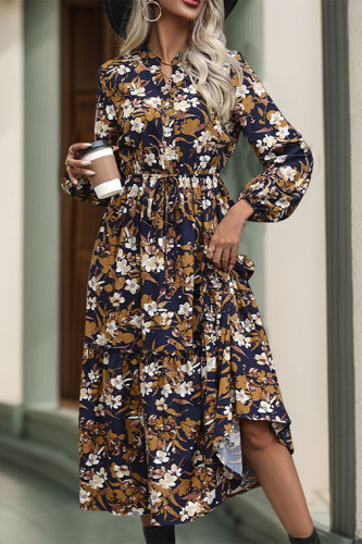 Street Elegant Floral Print Lace Up Patchwork V Neck A Line Dresses