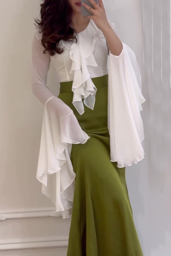 Celebrities Elegant Solid Color Stringy Selvedge Contrast V Neck Wrapped Skirt Dresses