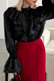 Elegant Solid Color Ruffle Pearls Decor Mandarin Collar Tops