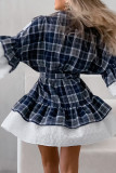 Casual Daily Plaid Lace Patchwork Ruffle With Belt Contrast Turndown Collar Shirt Dresses