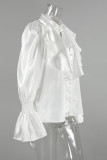 Elegant Solid Color Ruffle Pearls Decor Mandarin Collar Tops