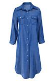 Casual Street Solid Color Buckle Slit Turndown Collar Plus Size Dresses