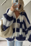 Casual Stripe Buttons Weave Contrast V Neck Tops