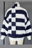 Casual Stripe Buttons Weave Contrast V Neck Tops