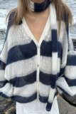 Casual Stripe Buttons Weave Contrast V Neck Tops
