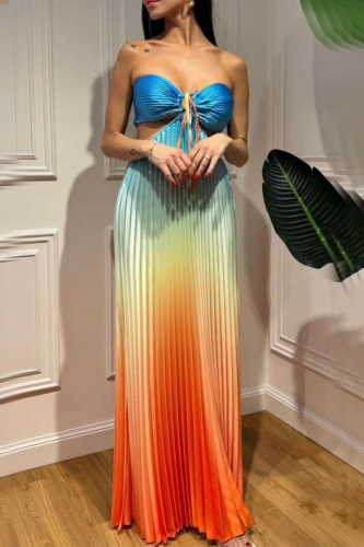Sexy Vacation Gradient Color Strap Design Pleated Contrast Halter Pleated Dresses